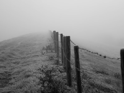 雾化时草地上木栅栏的灰度照片